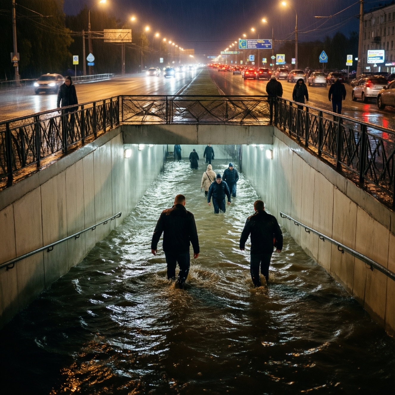 В Челябинске на Теплотехе после ночного ливня затопило подземный переход